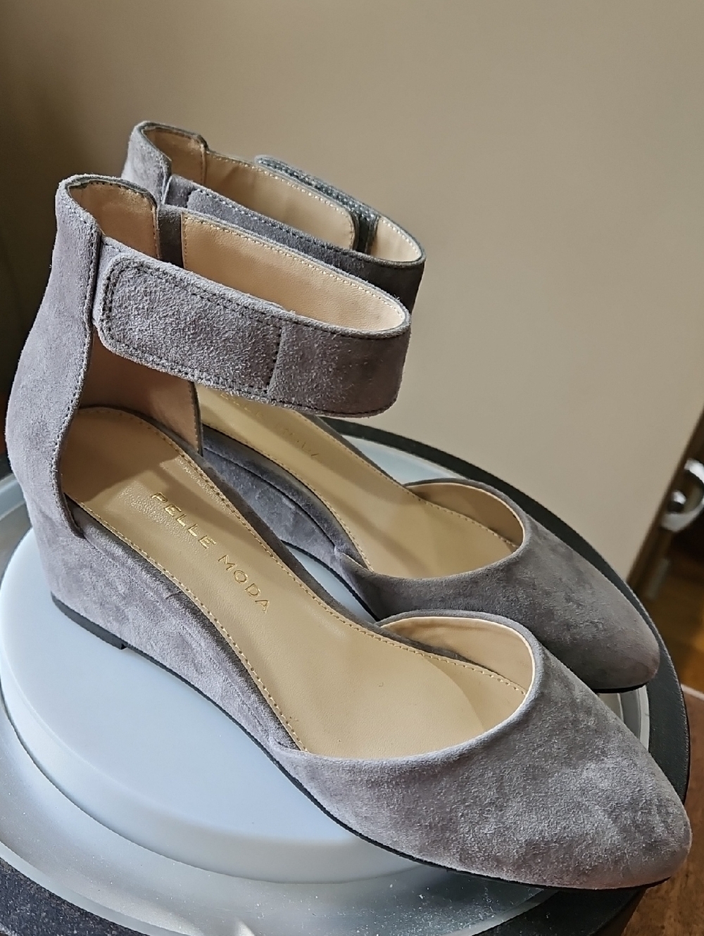 Pelle Moda Gray Suede Ankle-Strap Pointed Wedges
